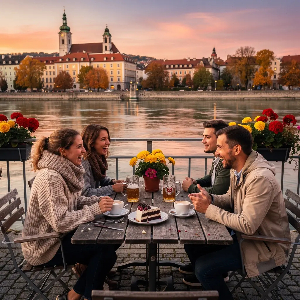 Eine Bootsfahrtszene auf der Donau mit der Stadt Passau im Hintergrund.